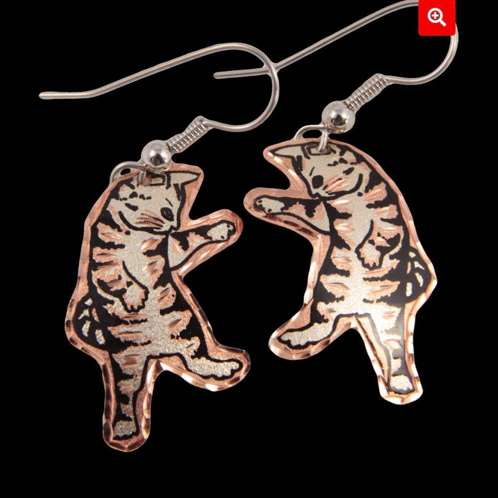 Copper Reflections Dangle Earrings Gray Striped Kitty Cat Design Lightweight